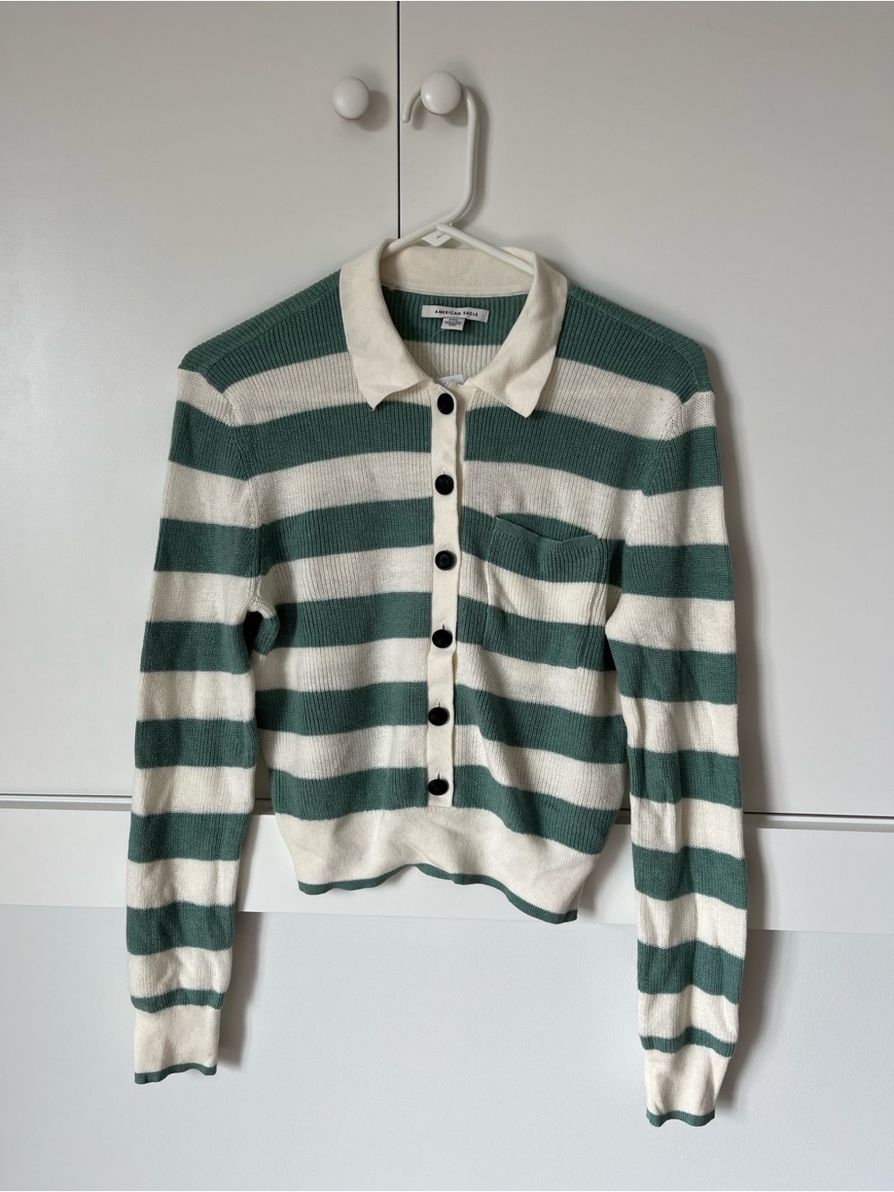 American Eagle Outfitters Green & Cream Striped Collared Button Cardigan